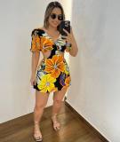 Printed Hollow V-Neck Ruffle Short Sleeve Rompers
