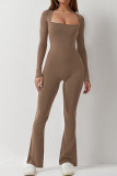 Solid Long Sleeve Square Neck High Stretch Slim Tight Fitting Jumpsuit