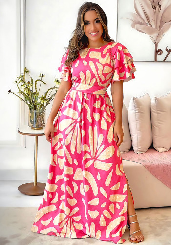 Chic Hot Pink Printed Ruffle Short Sleeve Long Dress