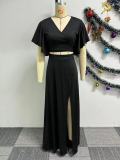 Sexy Black Short Sleeves V-Neck Slit 2PCS Long Skirt Set