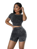 Wholesale Solid Cotton Blending Short Sleeve High-Waisted 2PCS Shorts Set
