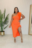 Solid Ruffle Slash Shoulder Slit 2PCS Skirt Set