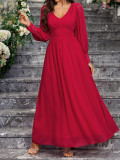 Burgundy V-Neck Long Sleeve Chiffon Maxi Dress
