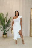 Solid Ruffle Slash Shoulder Slit 2PCS Skirt Set