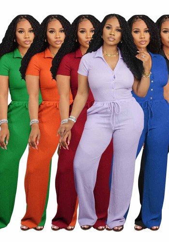 Solid Short-sleeved Loose Pleated V-neck Shirt and Trousers 2PCS Set