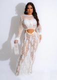 Knitting Hollow Out Full Sleeve Tassel Long Beach Dress