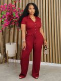 Solid Short-sleeved Loose Pleated V-neck Shirt and Trousers 2PCS Set