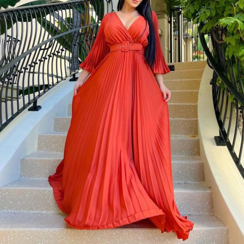 Elegant Solid V-Neck Sexy Pleated Maxi Dress with Belt