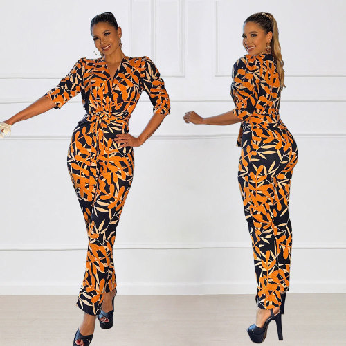 Printed V Neck Half Sleeve Chic Tie Casual Jumpsuit
