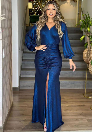 Chic Blue Ruched Puff Sleeve Slit Mermaid Party Maxi Dress