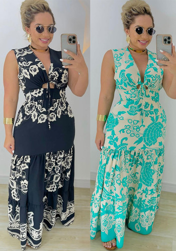 Printed Spling Tie Front Hollow Sleeveless Maxi Dress