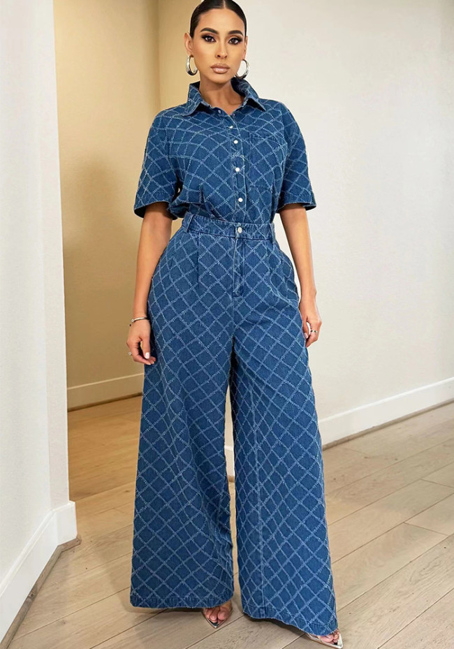 Casual Grid Washed Denim Shirt Top and Bell Bottom Pants 2 piece Set