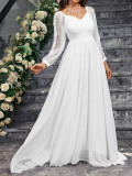 White Elegant V-Neck Long Sleeve Slim Wedding Dress with Tail Prom Dress
