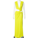Solid Sexy Deep V Hollow Sleeveless Slit Slim Long Dress