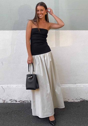 Contrast Color Strapless Fashion Long Dress