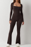 Solid Long Sleeve Square Neck High Stretch Slim Tight Fitting Jumpsuit