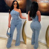 Washed Denim Slash Shoulder Slim Fit Stretchy Sexy Bell Bottom Fashion Jumpsuit