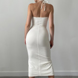 Wholesale Sexy Drawstring Halter Cami Slit Pleated Bodycon Dress