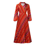 Turndown Collar Sexy Printed Puff Sleeve Pleated Maxi Dress