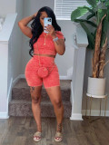 Wholesale Solid Cotton Blending Short Sleeve High-Waisted 2PCS Shorts Set
