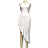 Sexy White Halter Neck Flower Ruffle Irregular Slit Dress