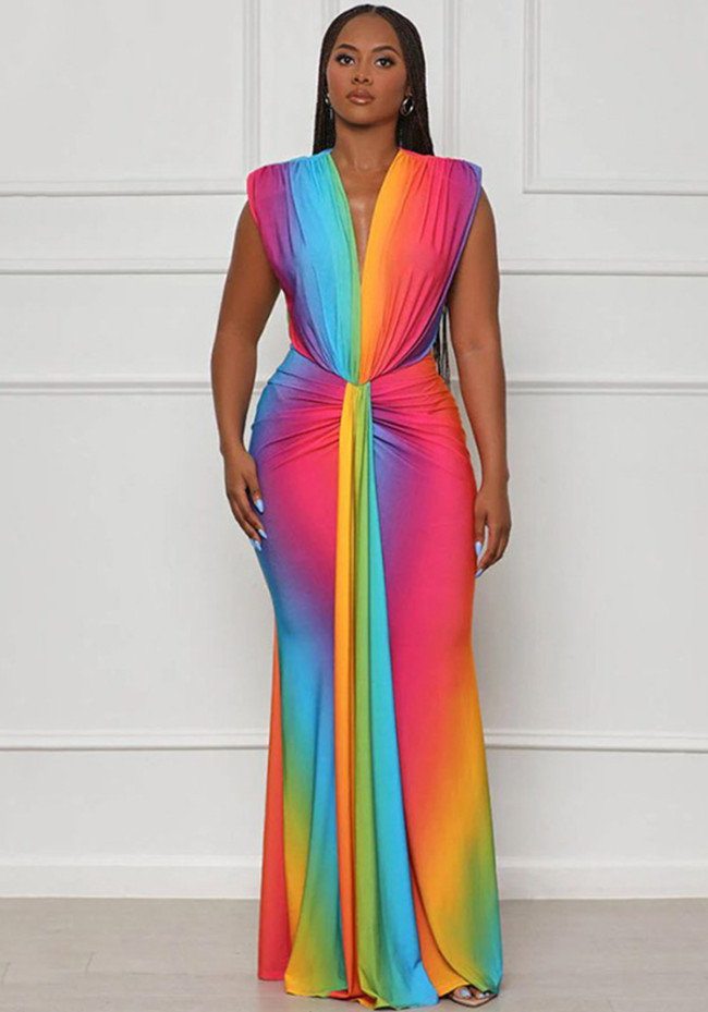 Fashion Sleeveless Printed Sexy Plunge Neck Slim Maxi Dress