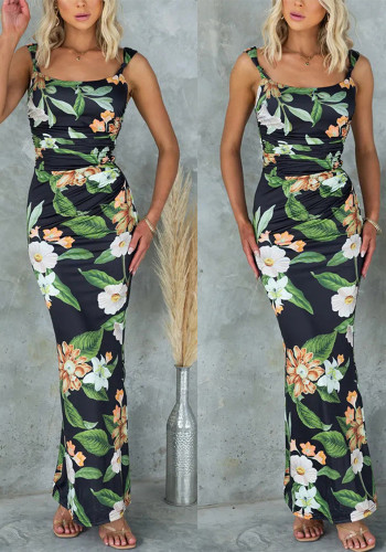 Floral Printed Stretchy Ruched Zipper Resort Straps Maxi Dress