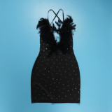Sexy Rhinestone Feather V-Neck Backless Nightclub Bodycon Dress