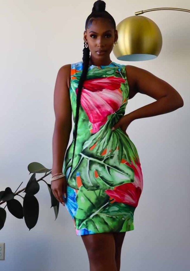 Sexy Sleeveless Tropical Printed Bodycon Dress