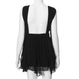Solid Plunge Neck Chiffon Sleeveless Lace-Up Backless Mini Dress
