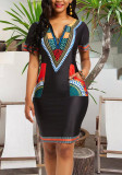 Sexy Wholesale Ethnic Printed Short Sleeve V-Neck Midi Dress