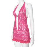 Sexy See-Through Lace Halter Neck Deep V Hollow Lace-Up Mini Dress