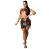 Geometric Printed Cross Neck Lace-Up Sexy Club Dress