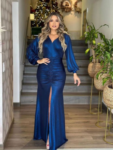 Chic Blue Ruched Puff Sleeve Slit Mermaid Party Maxi Dress