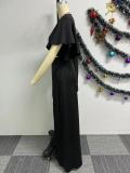 Sexy Black Short Sleeves V-Neck Slit 2PCS Long Skirt Set