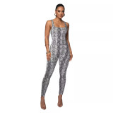 Printed Sleeveless Ribbed Square Neck Low Back Jumpsuit