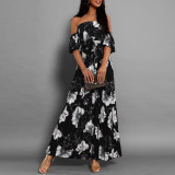Resort Sexy Off Shoulder Pleated Printed Maxi Dress