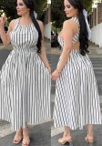 Striped Sleeveless Cross Back Straps Long Casual Dress