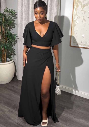Sexy Black Short Sleeves V-Neck Slit 2PCS Long Skirt Set
