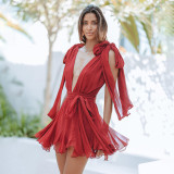 Solid Plunge Neck Chiffon Sleeveless Lace-Up Backless Mini Dress