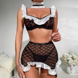 Sexy Lingerie Set Ruffle See-Through Fishnet Maid Cosplay Contrast Seduction Skirt Set