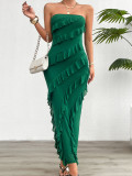 Solid Slim Strapless Ruffle Maxi Dress