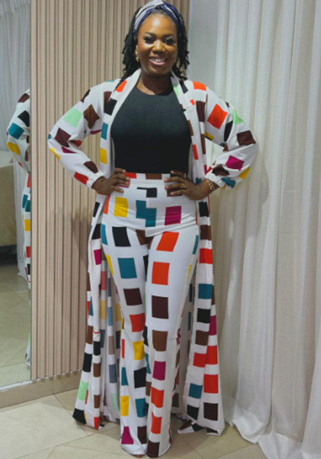 Casual Printed Long Cardigan Coat and Pants 2PCS Set