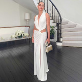 Solid Sexy Deep V Hollow Sleeveless Slit Slim Long Dress