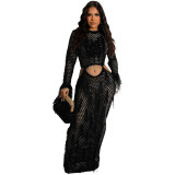 Knitting Hollow Out Full Sleeve Tassel Long Beach Dress