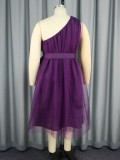 Purple One Shoulder Mesh Belted Party Dress
