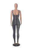 Printed Sleeveless Ribbed Square Neck Low Back Jumpsuit