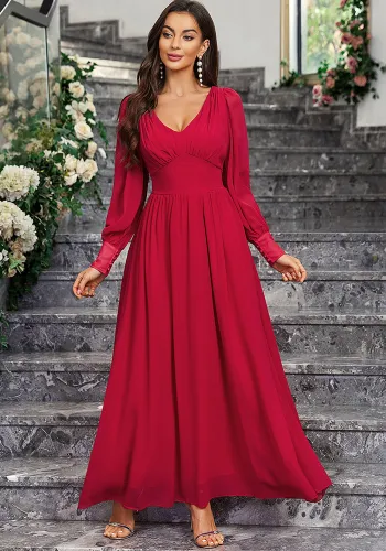 Burgundy V-Neck Long Sleeve Chiffon Maxi Dress