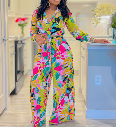 Printed Turndown Collar Tie Shirt Wide Leg Pants Fashion 2PCS Set