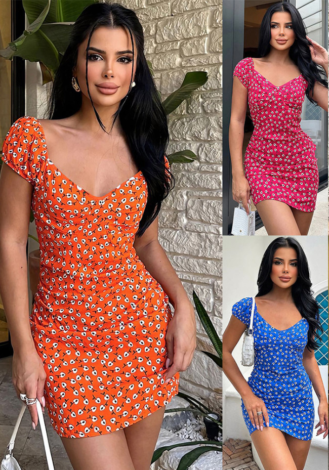 Chic V-Neck Short Sleeve Floral Printed Mini Dress